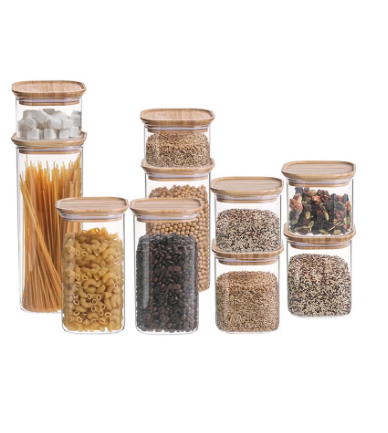 Set of 10 Square Glass Storage Jars with Bamboo Lid, Canisters Sets for the kitchen, Food Containers Stackable for Coffee Beans| Nuts| Pasta 